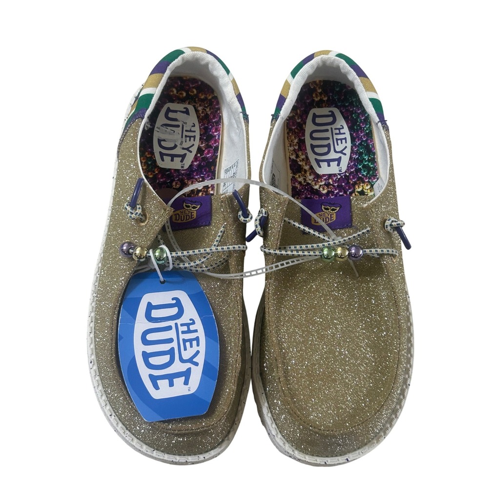 Hey Dude Wendy Funk Mardi Gras Party Women Size 8 Gold New Glitter Beads Shoes